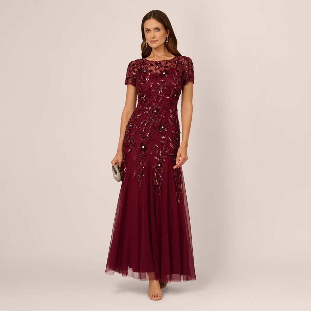 Adrianna Papell NWT 2 Burgundy Wine Sequin Beaded Floral Mesh Formal Maxi Dress